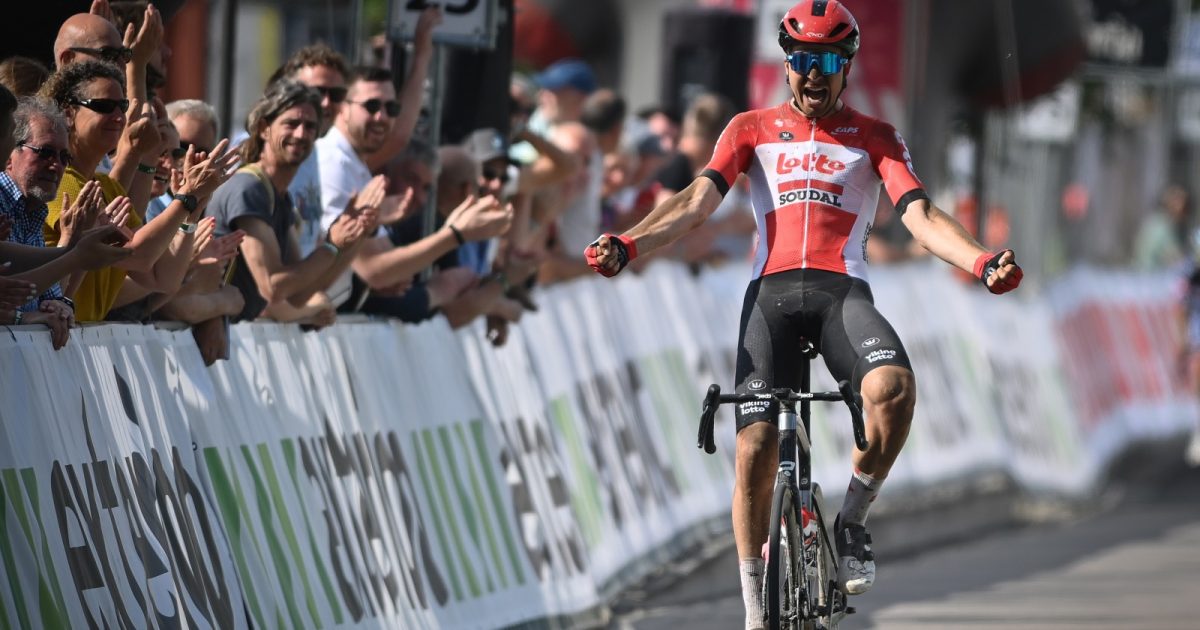 Belgian Florian Vermeersch of Lotto Soudal celebrates as he crosses the finish line to win the 'Antwerp Port Epic' cycling race, 181,3km in and around Antwerp, Sunday 22 May 2022. BELGA PHOTO DAVID STOCKMAN