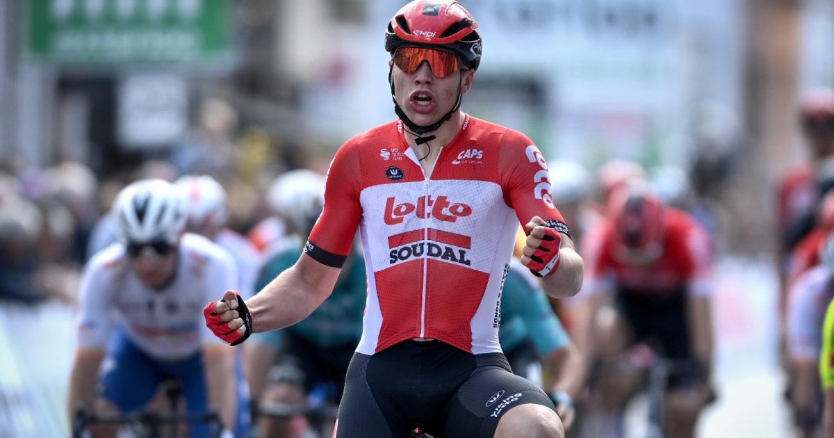 Belgian Arnaud De Lie of Lotto Soudal celebrates as he crosses the finish line to win the one day cycling race 'Marcel Kint Classic' (199km), stage 7 of 11 of the Exterioo Cycling Cup, from Kortrijk to Zwevegem, on Sunday 29 May 2022. BELGA PHOTO DAVID STOCKMAN